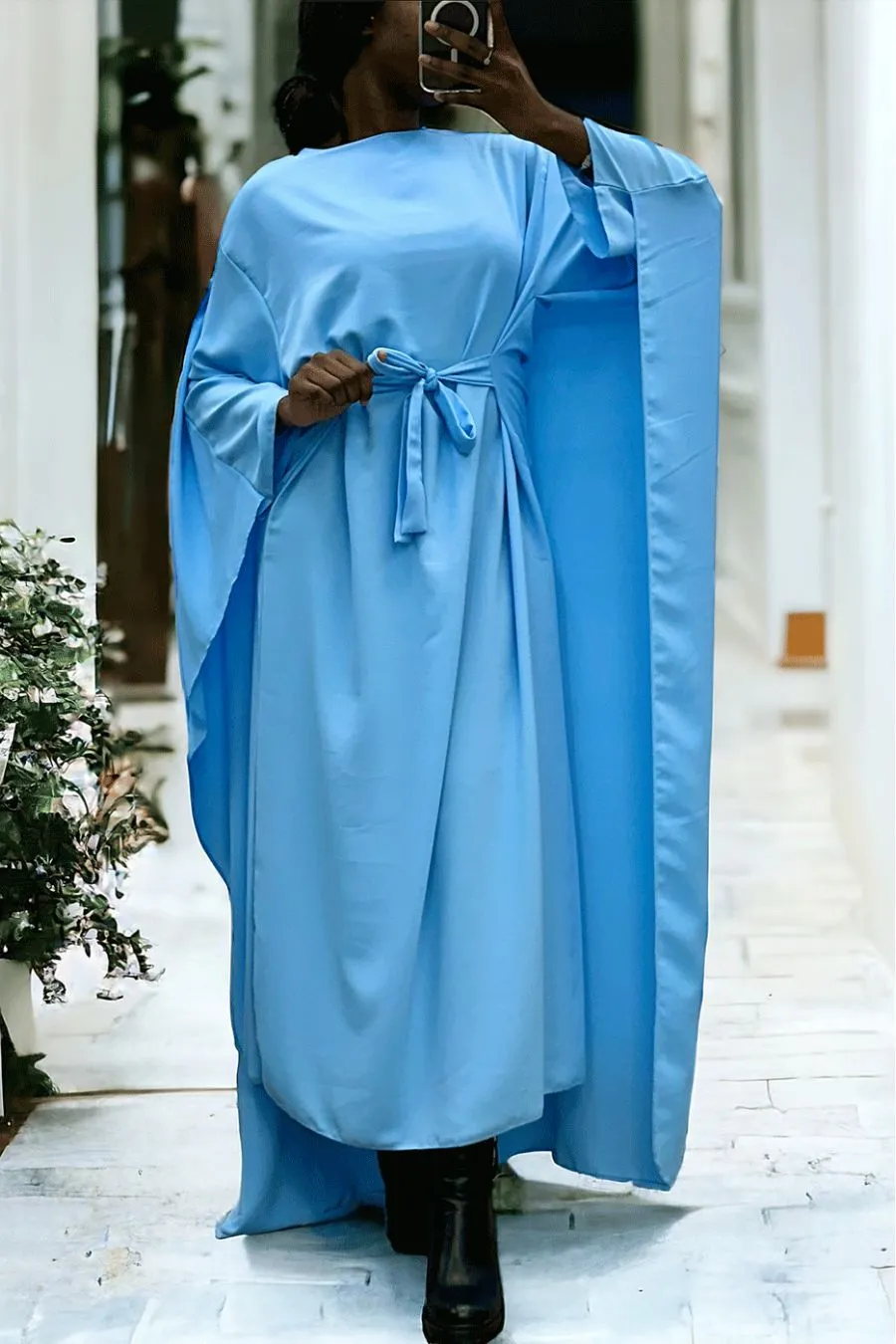 Abaya 2 en 1 turquoise avec cape intégré et ceinture pour ajusté la taille 