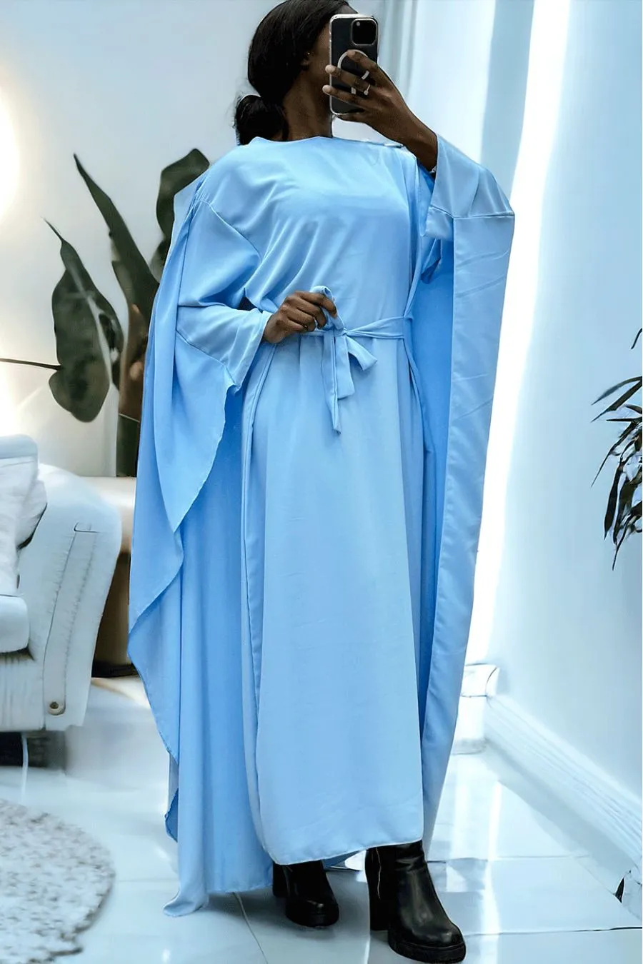 Abaya 2 en 1 turquoise avec cape intégré et ceinture pour ajusté la taille 