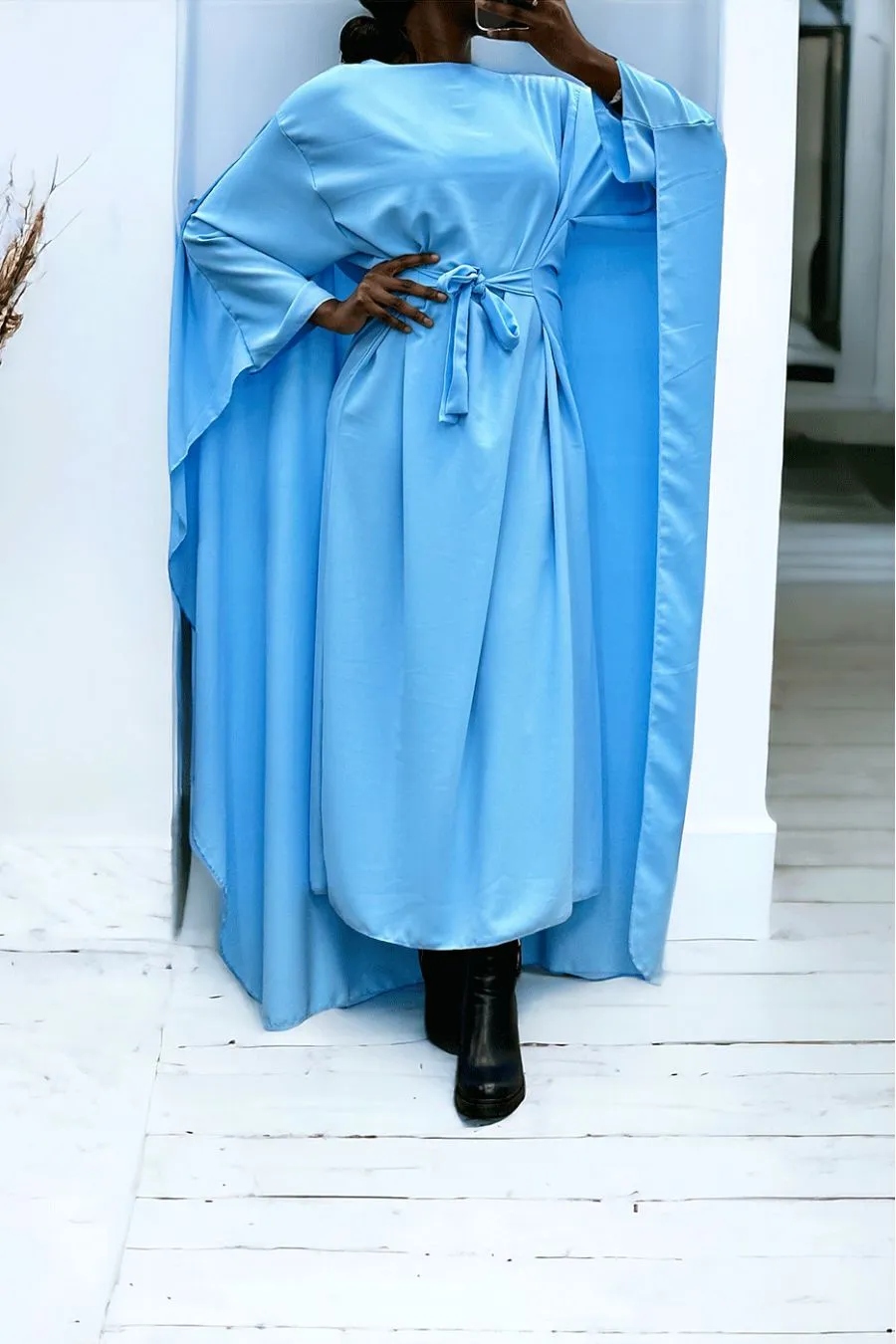 Abaya 2 en 1 turquoise avec cape intégré et ceinture pour ajusté la taille 