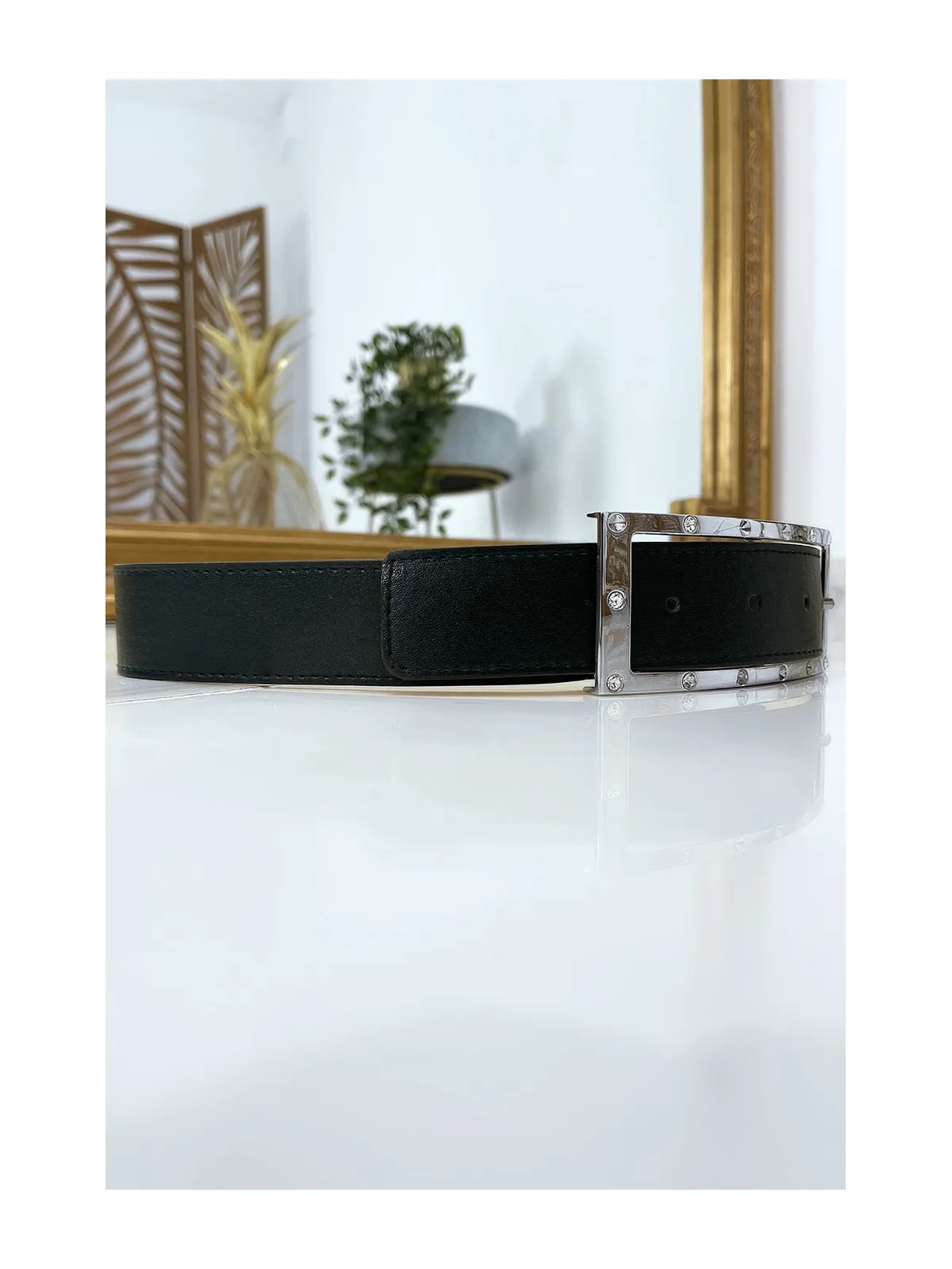 Ceinture verte avec boucle rectangle strass et argenté