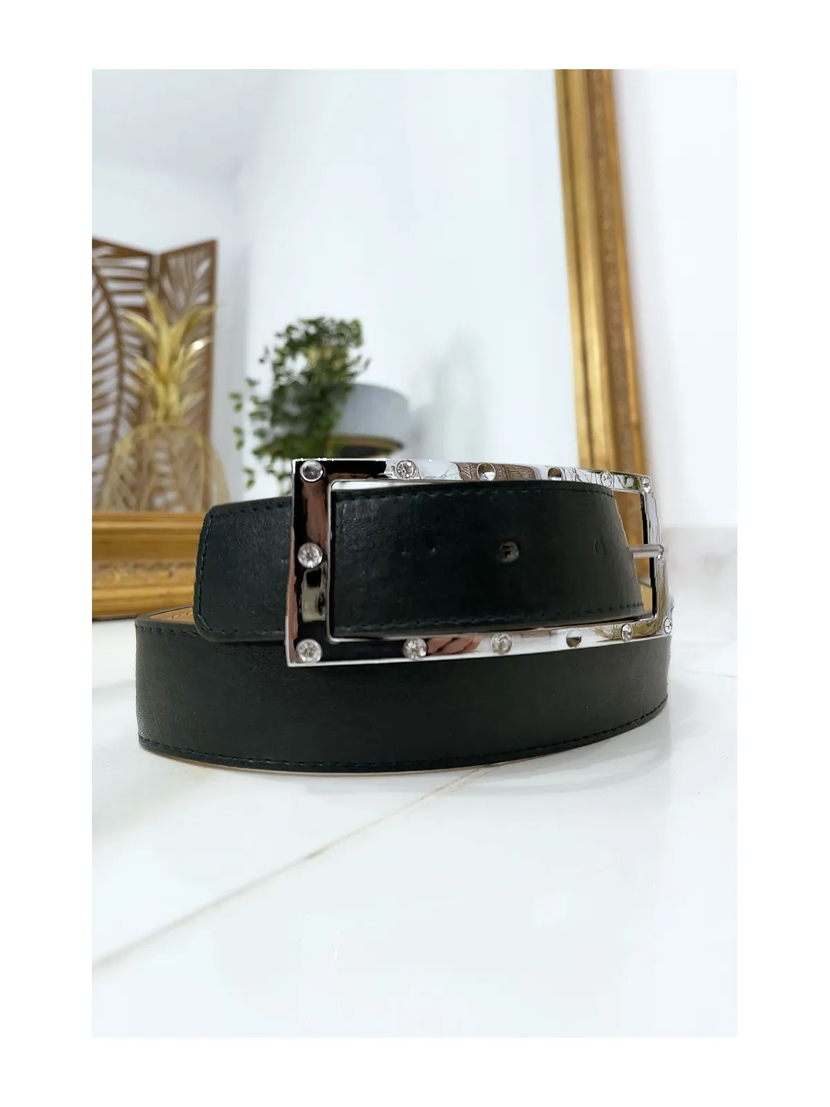 Ceinture verte avec boucle rectangle strass et argenté