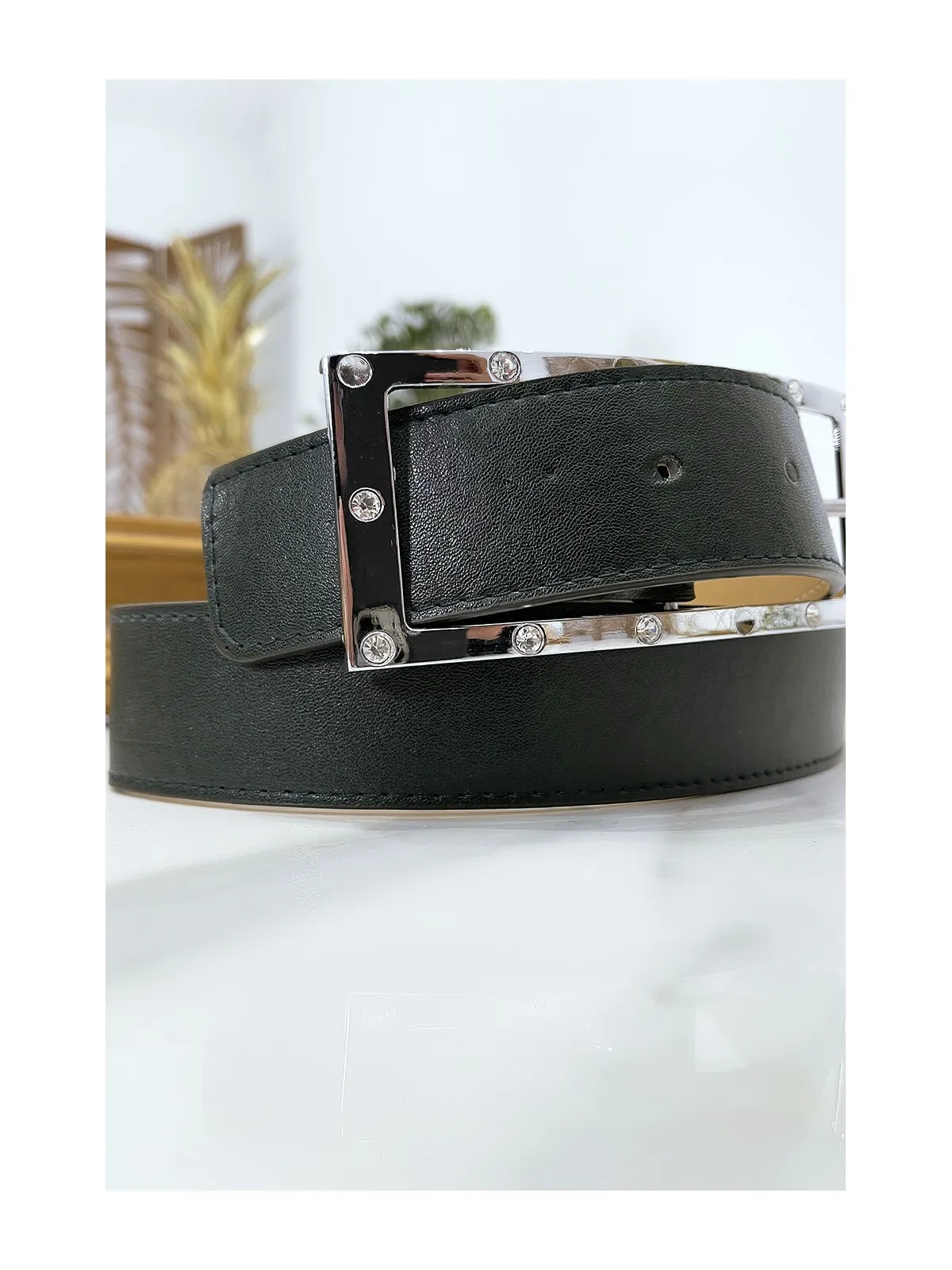 Ceinture verte avec boucle rectangle strass et argenté