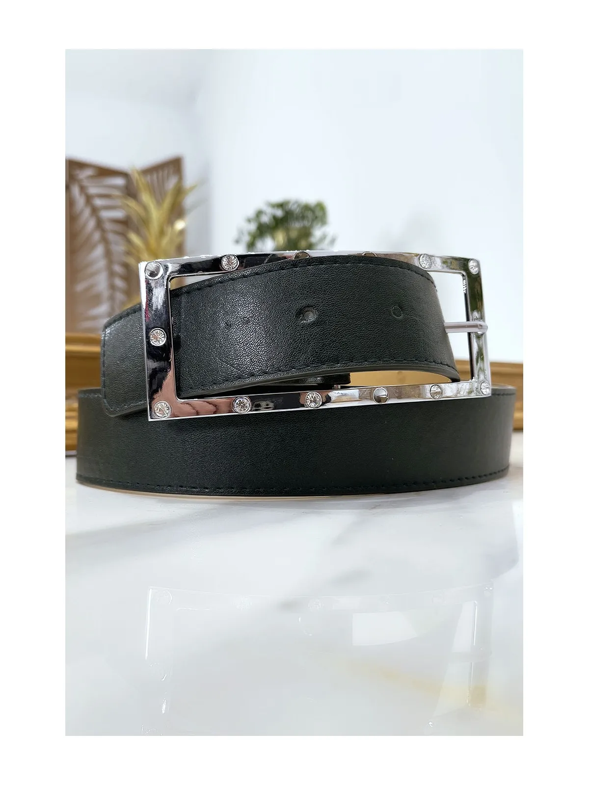 Ceinture verte avec boucle rectangle strass et argenté