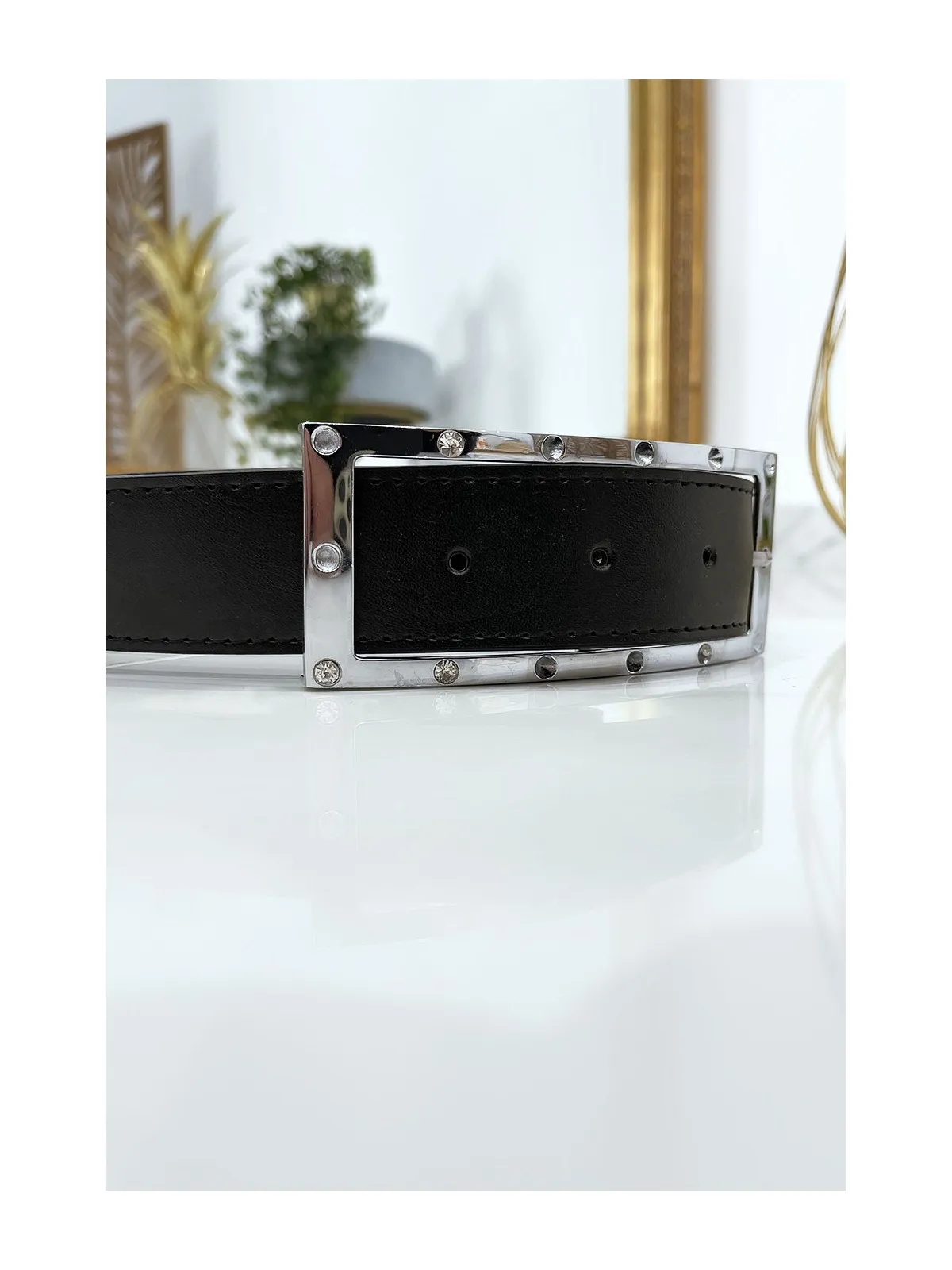 Ceinture verte avec boucle rectangle strass et argenté