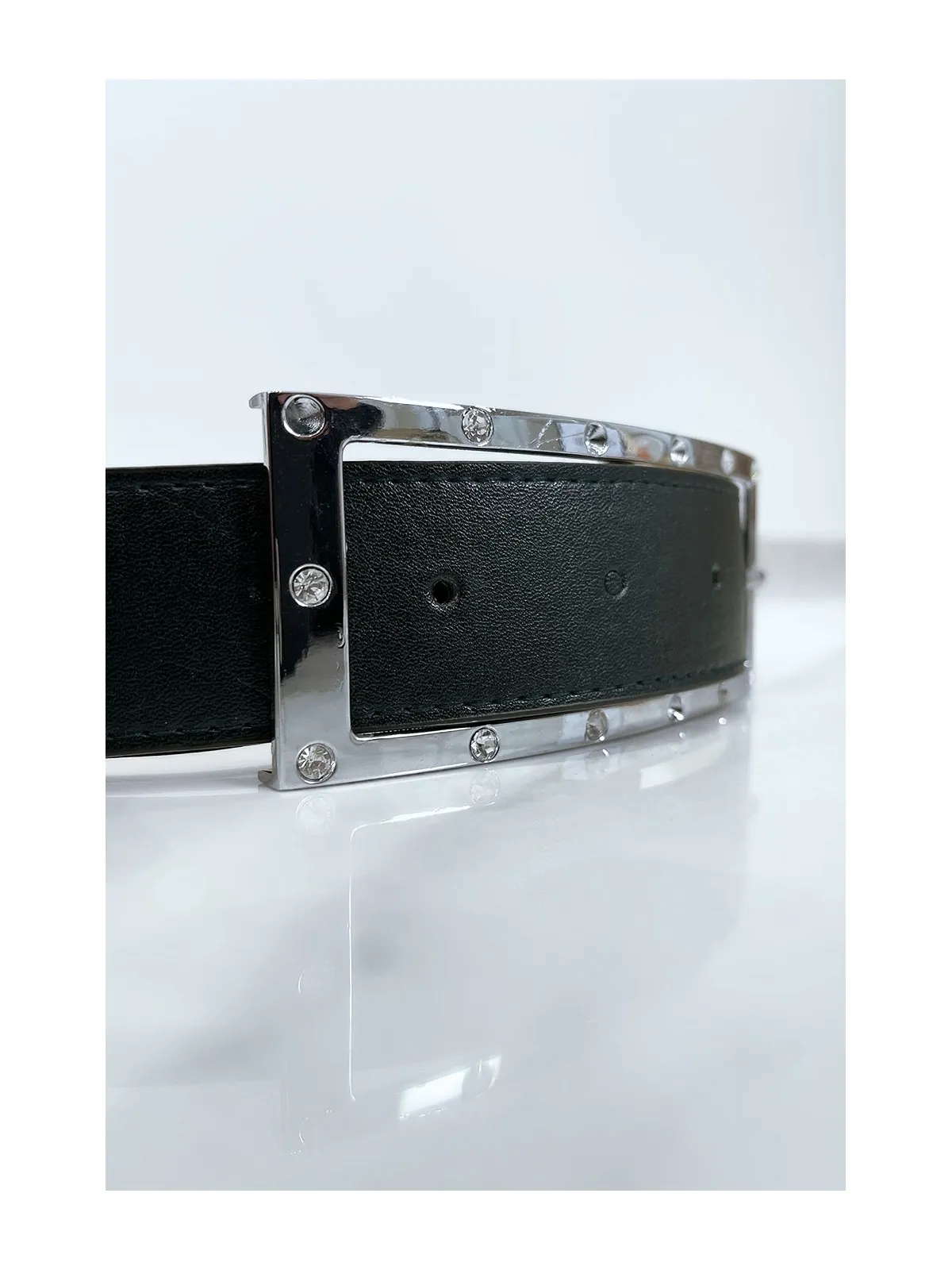 Ceinture verte avec boucle rectangle strass et argenté