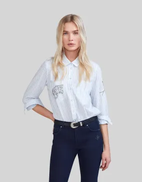 Chemise bleue rayée broderies métallisées Femme