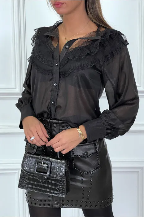 Chemise noire avec dentelle plissé et volant très chic