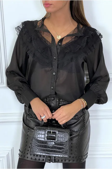 Chemise noire avec dentelle plissé et volant très chic