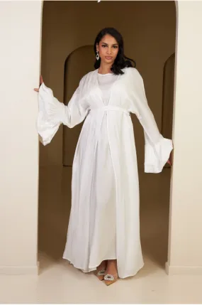 Ensemble 3 pièces abaya + gilet + voile satinée et pailletée blanc