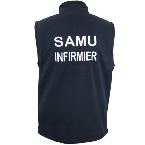 Gilet sans manches micropolaire homme - brodé SAMU INFIRMIER recto verso - bleu marine 