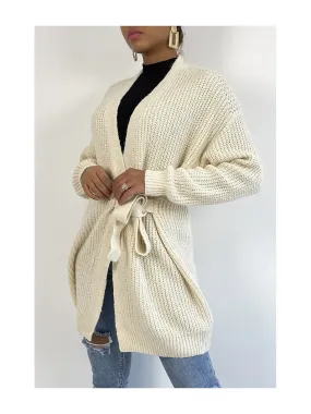 Long gilet cache coeur beige épais avec ceinture intégré