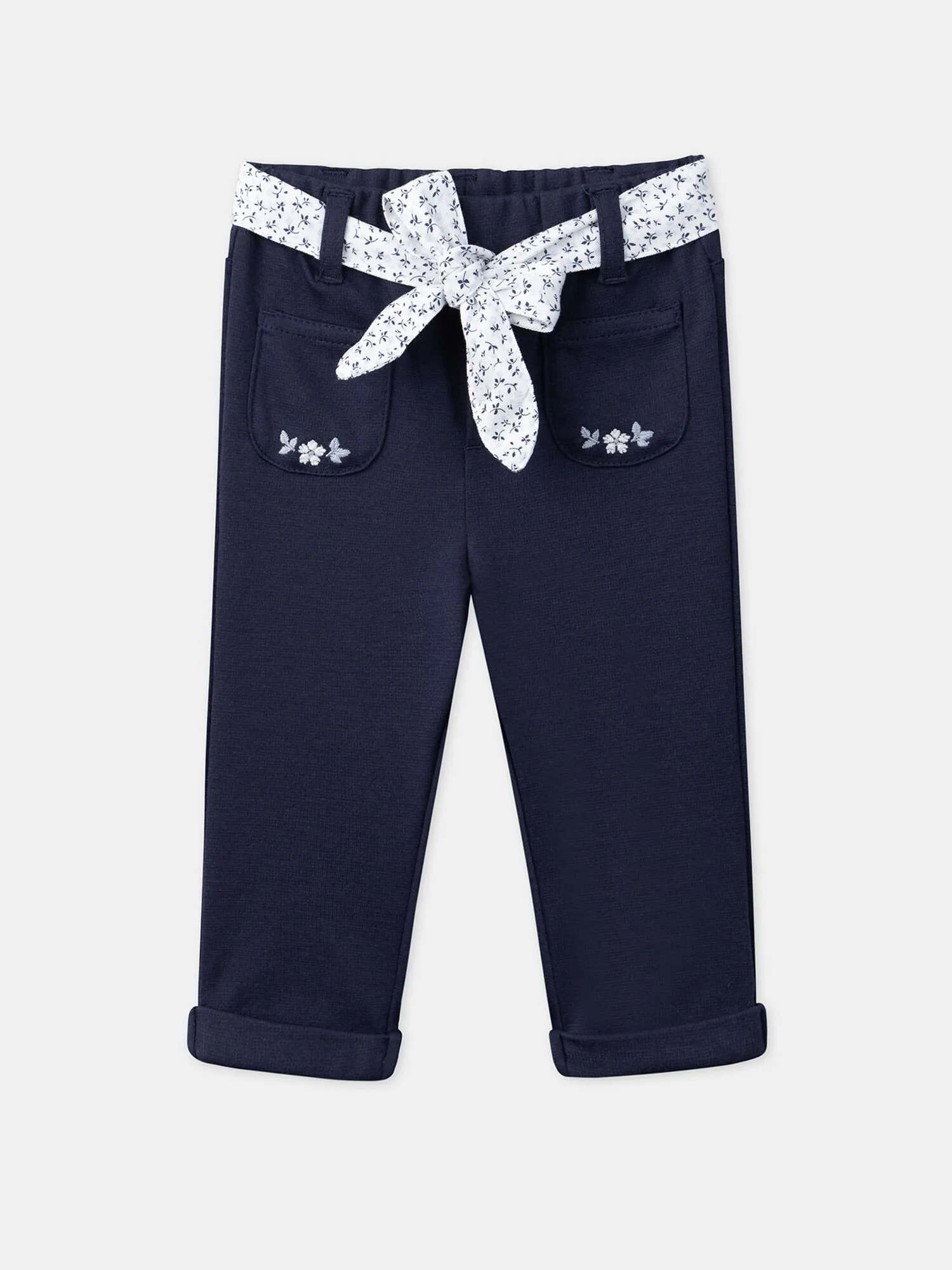 Pantalon bleu marine avec ceinture à imprimé fleuri