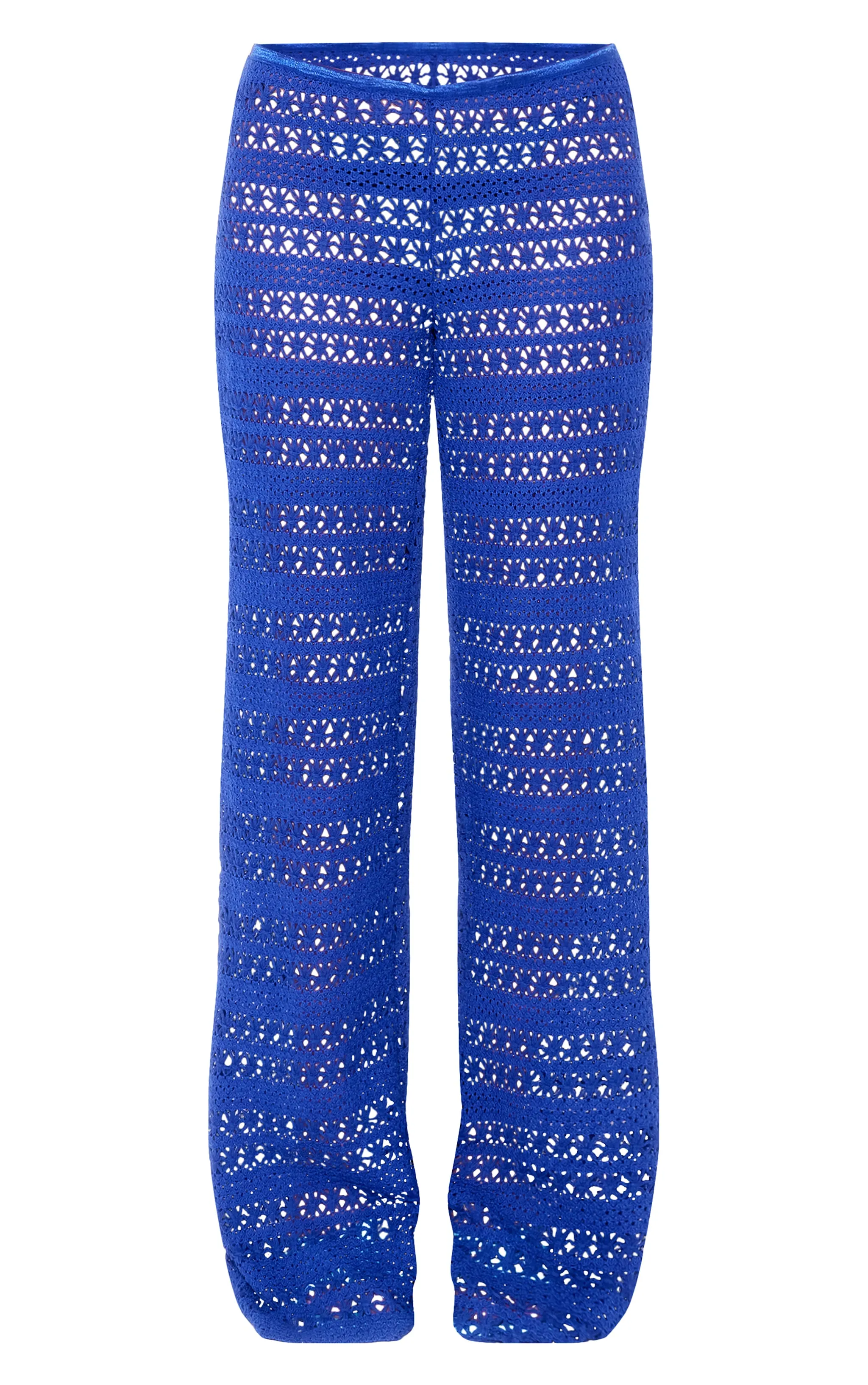 Pantalon de plage large style crochet bleu cobalt fleuri à ourlet tombant