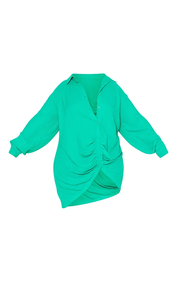 Plus Robe chemise texturée verte à détail drapé et manches longues