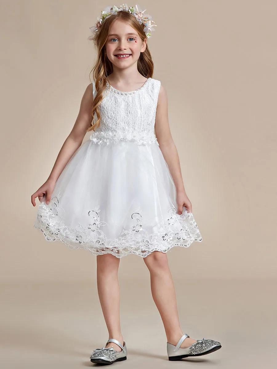 Robe Enfant d'Honneur sans Manches avec Applique en Dentelle et Nœud dans le Dos