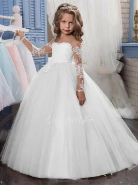 Robe Fille Mariage Princesse Blanche Tulle Dentelle Manche Longue Robe De Communion