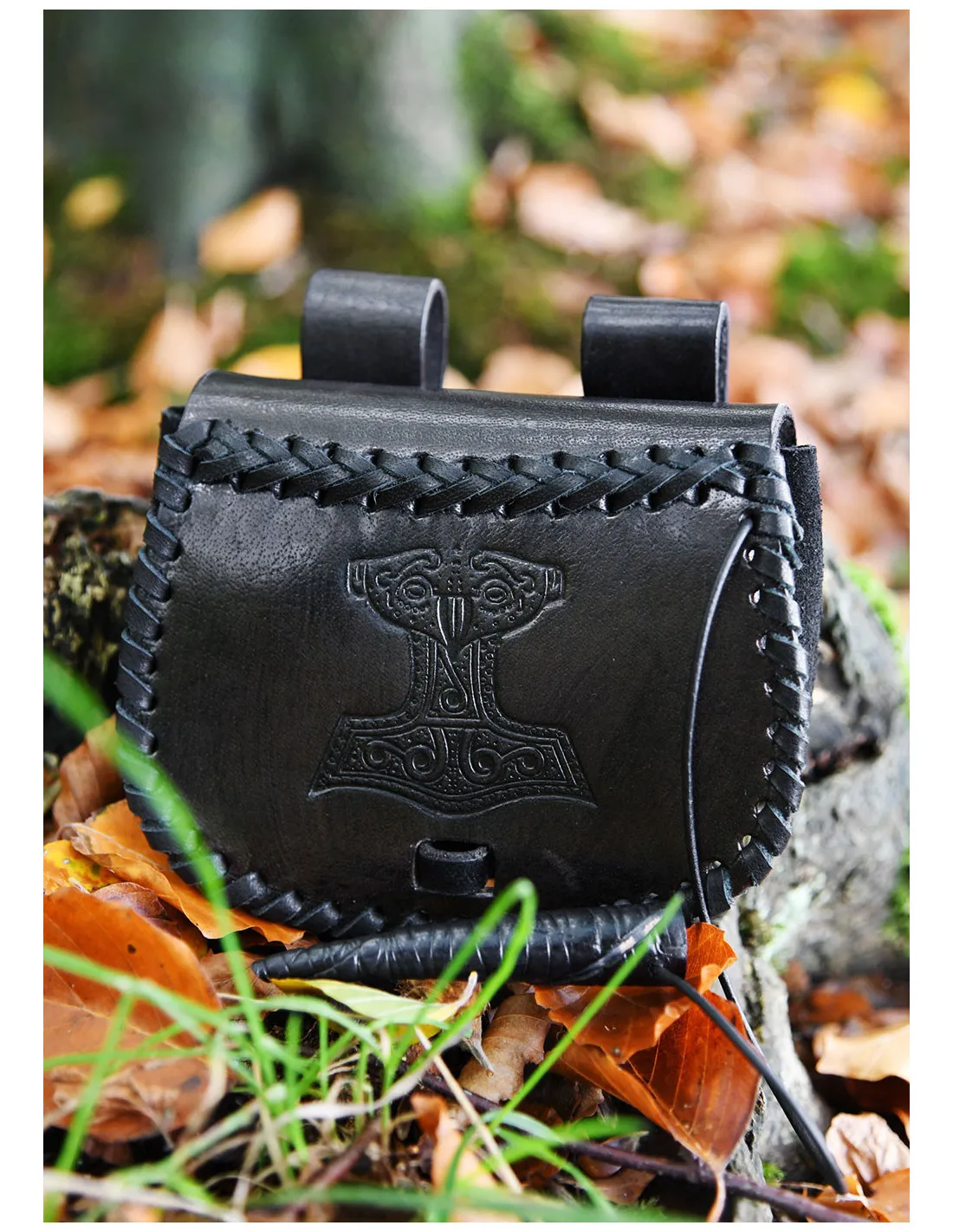 Sac viking Marteau de Thor en cuir noir, à porter à la ceinture ⚔️ Boutique